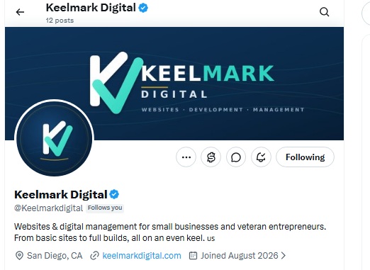 The Keelmark Digital account on X showing a verified blue checkmark